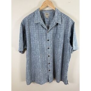 L.L.Bean Hawaiian Camp Shirt XL Blue Tribal Geometric Wooden Button Cotton